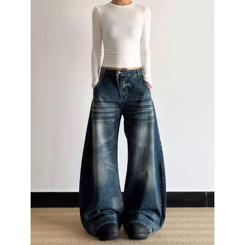 Womens High-Waisted Wide-Leg Flared Denim Jeans Loose Fit Straight Leg Trousers Casual Streetwear