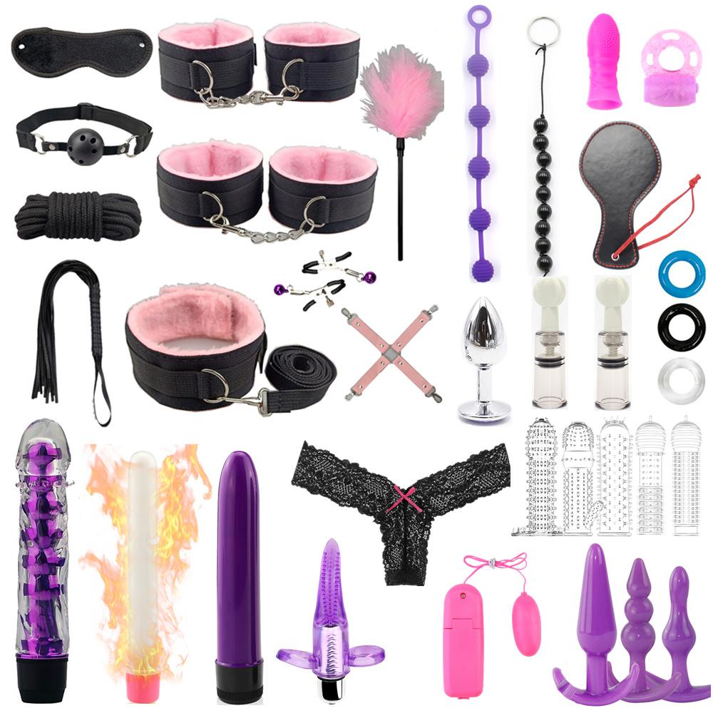 7/10/12/35pcs BDSM Bondage Restraint Kit Bullet Vibrator Handcuff Whip Mouth Gag Anal Bead Butt Plug Adult Game