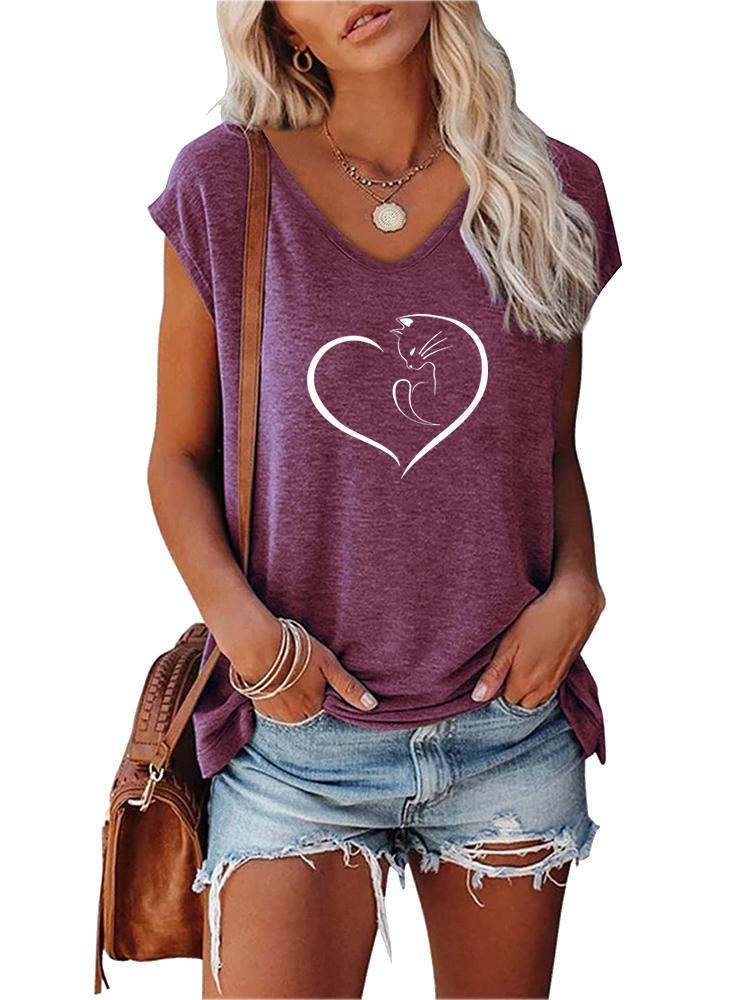 Women Fashion Printed Top Summer V Collar Tee Shirt Ladies Casual Short Sleeve T-shirt