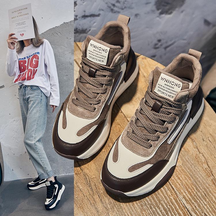 Spring/Summer 2025 Women's Colorblock Genuine Leather High-Top Sneakers - Thick Sole, Fleece-Lined, Casual Lace-Up in Trend