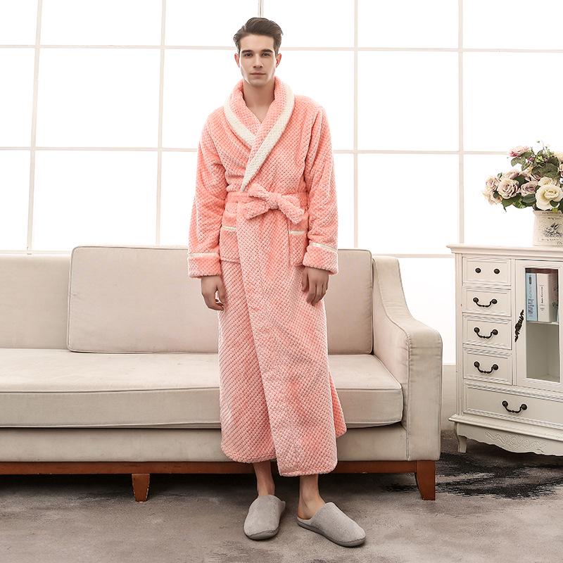 Large Size Men's Autumn Winter Long Thickened Robe Couple's V Neck Bathrobe with Pockets Lace Up Flannel Sleepwear