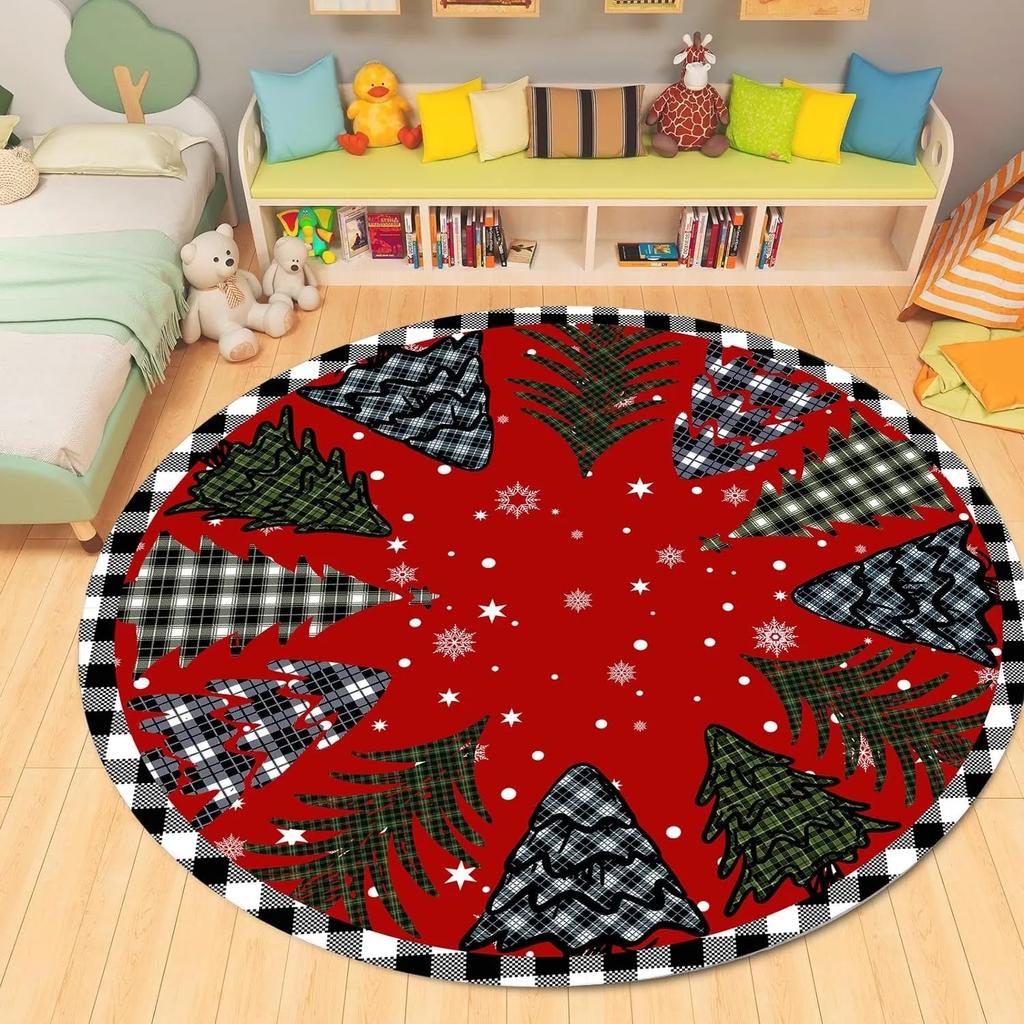 Merry Christmas Round Area Rugs Christmas Tree Red Plaid Rug for Living Room Carpets, Breathable Rug for Kids Room Floor Mat