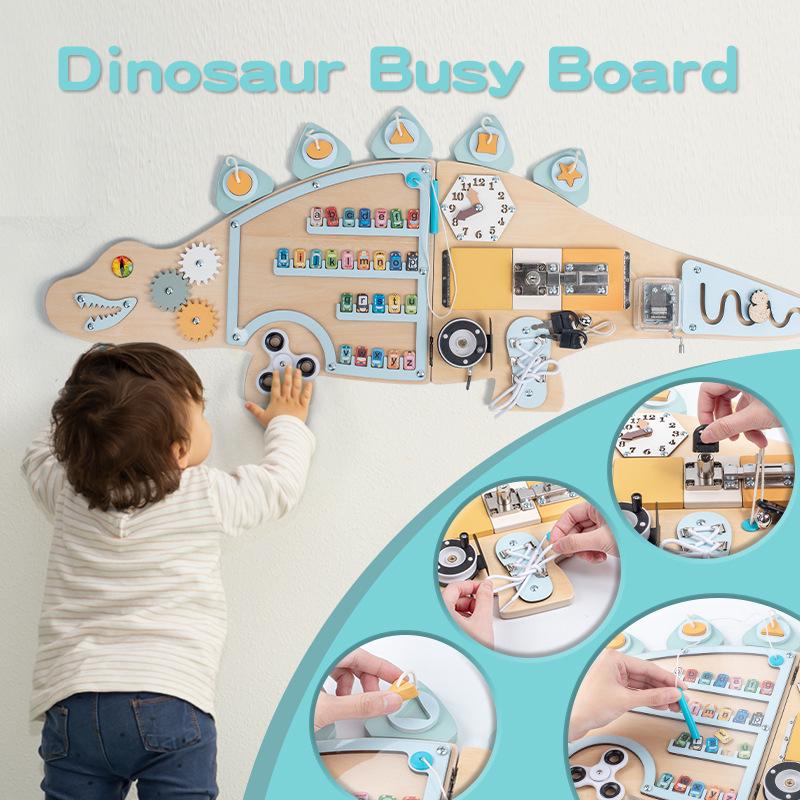 

Dinosaur-Themed Wooden Busy Board: Multi-Game Educational Toy with Gear Rotation & Shape Matching