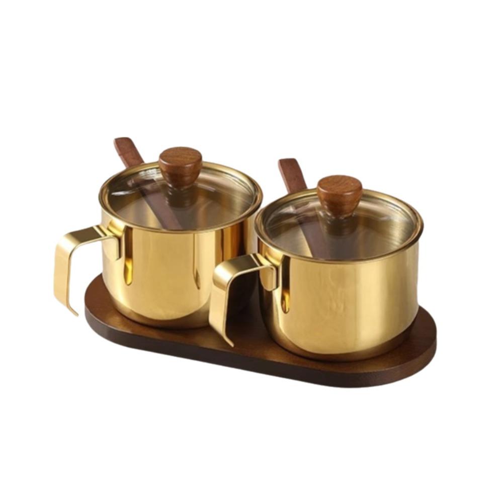 Dust-proof Stainless Steel Seasoning Jar Set With Spoon Tray Salt Storage Container  Sugar