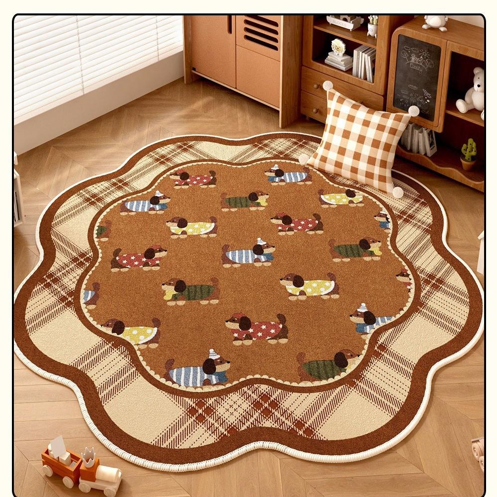 

Round Carpet for Children s Reading Area Featuring Cartoon Dog,maroon Brown Polka Dots, Suitable for Bedroom Study, Sofa Mat Diameter80cm