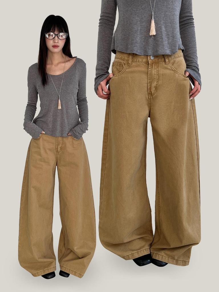 Women's 2026 Spring American Street Style Wide-Leg Balloon Jeans with Curved Drape