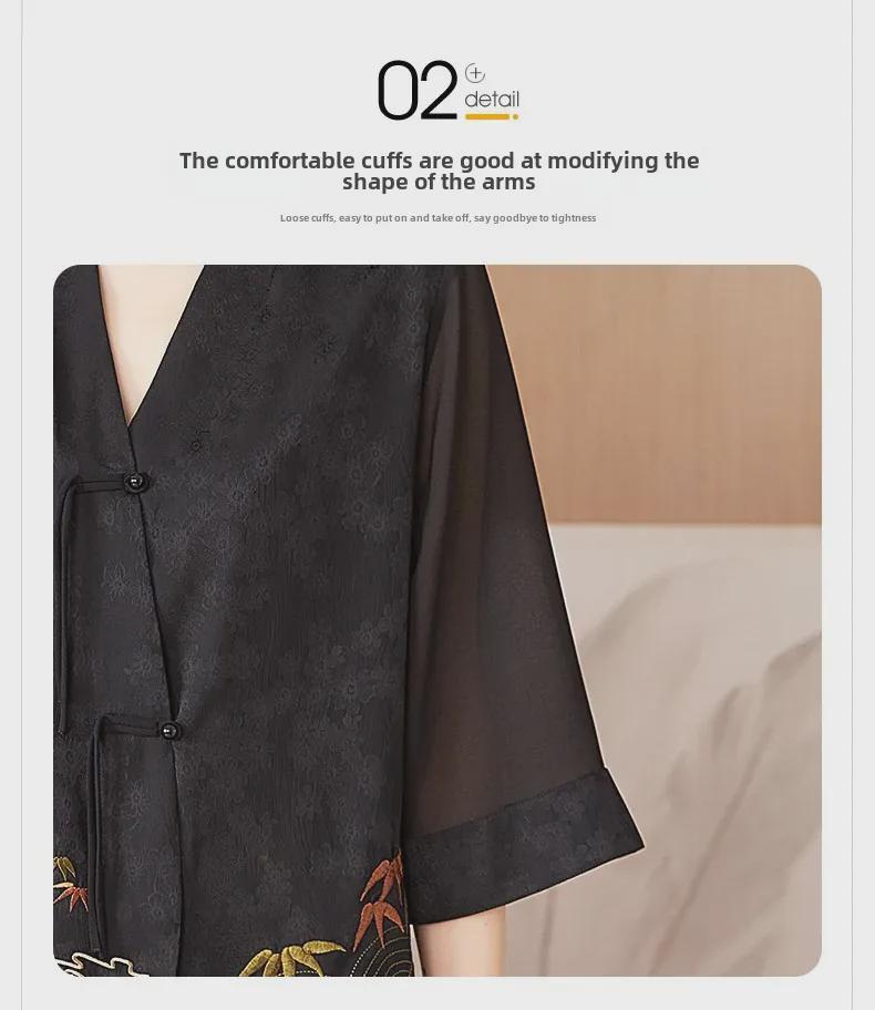 2024 Spring Women's Embroidered Buttoned Top - Irregular Design, Three-Quarter Sleeves