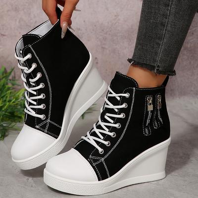 Fashion Women's Black White Wedge Sneakers Fashion High Top Lace Up Canvas Shoes for Women Lightweight Casual Platform Vulcanized Shoes