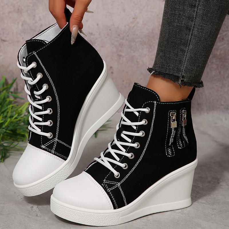 Fashion Women's Black White Wedge Sneakers Fashion High Top Lace Up Canvas Shoes for Women Lightweight Casual Platform Vulcanized Shoes
