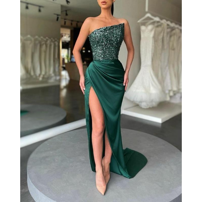 Abito da Sera Verde con Paillettes, da Fata, Lungo, Senza Maniche, alla Moda, che Esalta la Figura, di Media Lunghezza