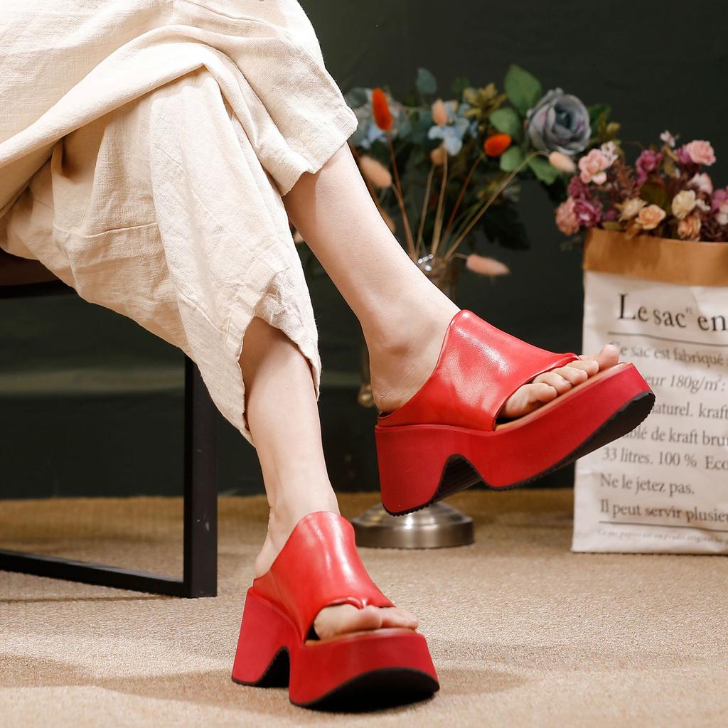 Johnature Chanclas de Cuero Genuino con Suela Gruesa Cuñas Retro para Exteriores Zapatillas Zapatos de Plataforma para Mujer