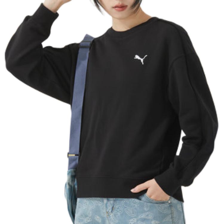 Puma ESS CREW FL Solid Color Athleisure Loose Fit Fleece Lined Sweatshirt Unisex Black 632292-01