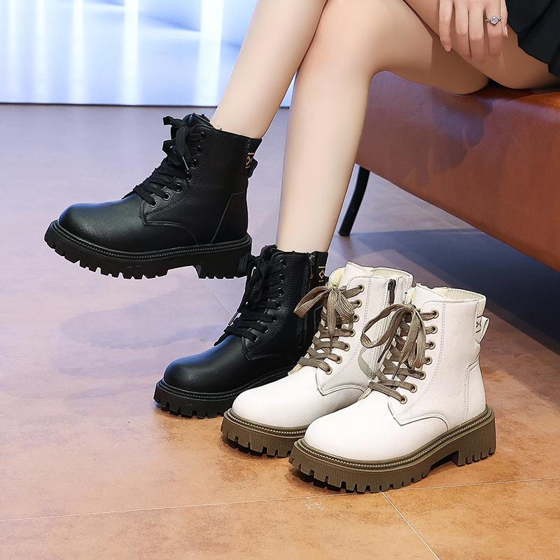 2025 New Fashion Thick Sole Women's Boots Large Size Women's Shoes Black Keep Warm Fleece Platform Lace-up Ankle Boots 4875