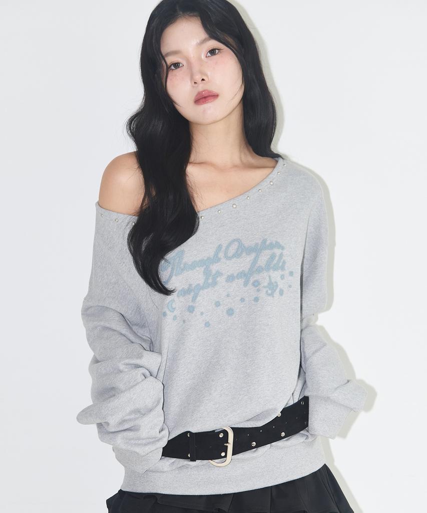 ILLIGO One-Shoulder Studded Boat Neck Sweatshirt Melange