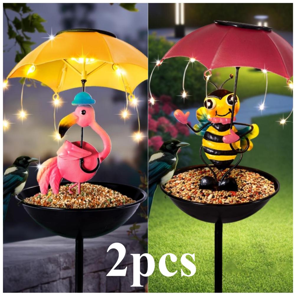 2 BUC/3 BUC Statuie de exterior din fier impermeabil lumină simulare animal lumină solară cu funcție de hrănitor albină și flamingo broască și pasăre colibri, decorație