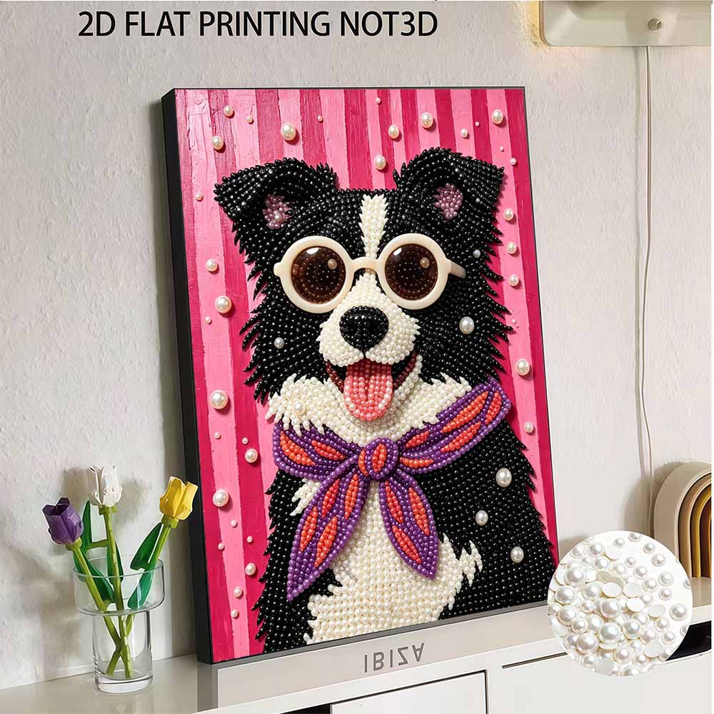 Creative DIY Framed Pearl Art Kit with Cool Dog Wearing Sunglasses Pattern Sparkling Bead Canvas Ready to Display Relaxing Gift for Adults