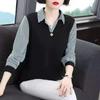 Women Shirt Age-reducing Middle-aged and Elderly Splicing Polo Collar Bottoming Shirt Long-sleeved Top for Women