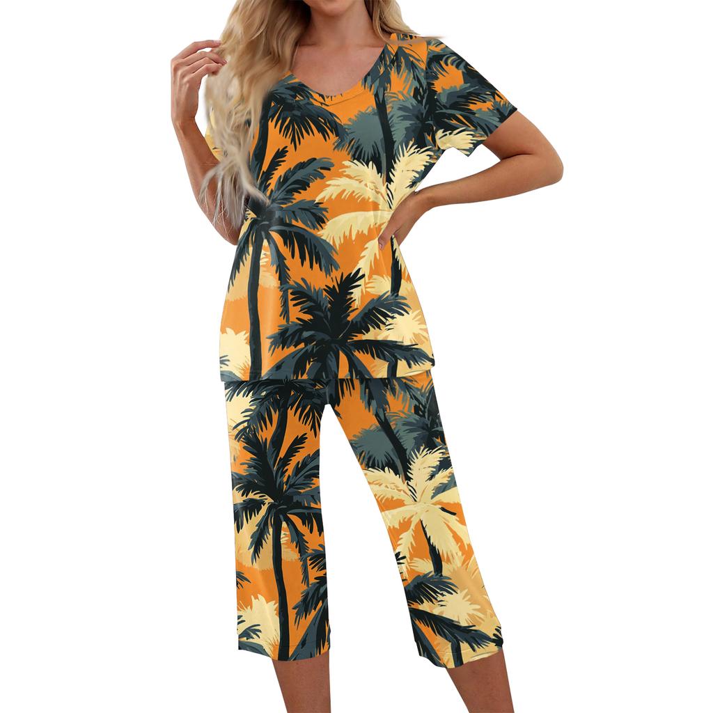 2 Piece Sets For Women Short Sleeve Top And Pants With Pockets Workout Soft Print Sets