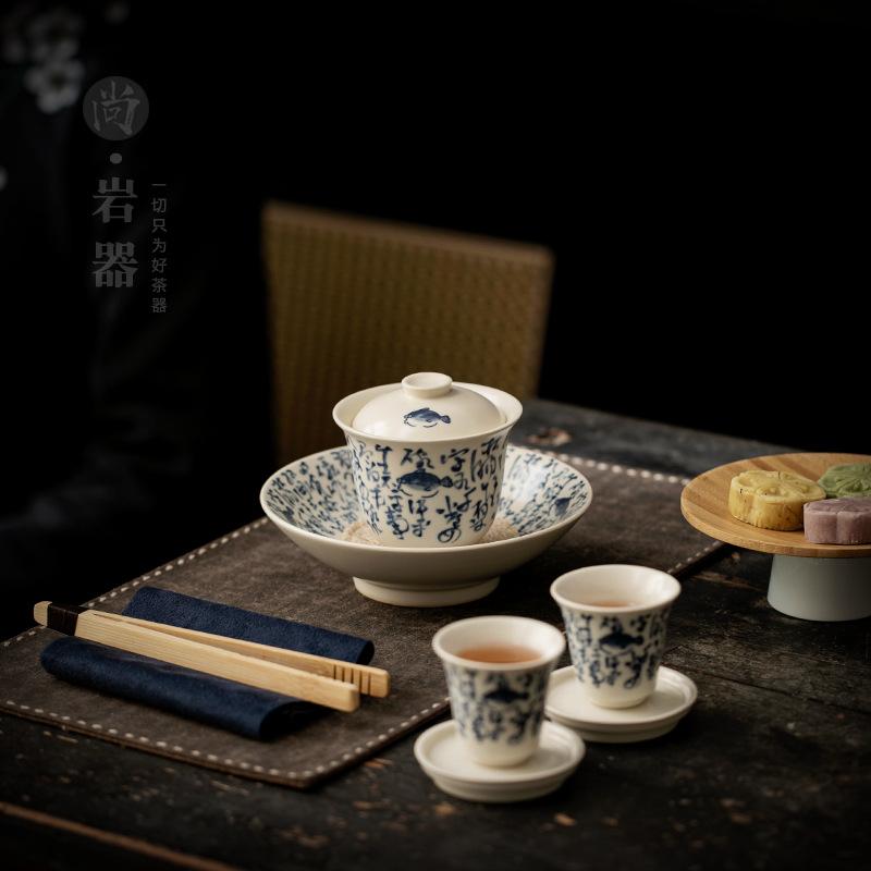 Soda glaze, poetry, mandarin, osmanthus Ercai cover bowl, creative blue and white open slices can be raised, tea bowl, anti-scalding hand-grasping pot