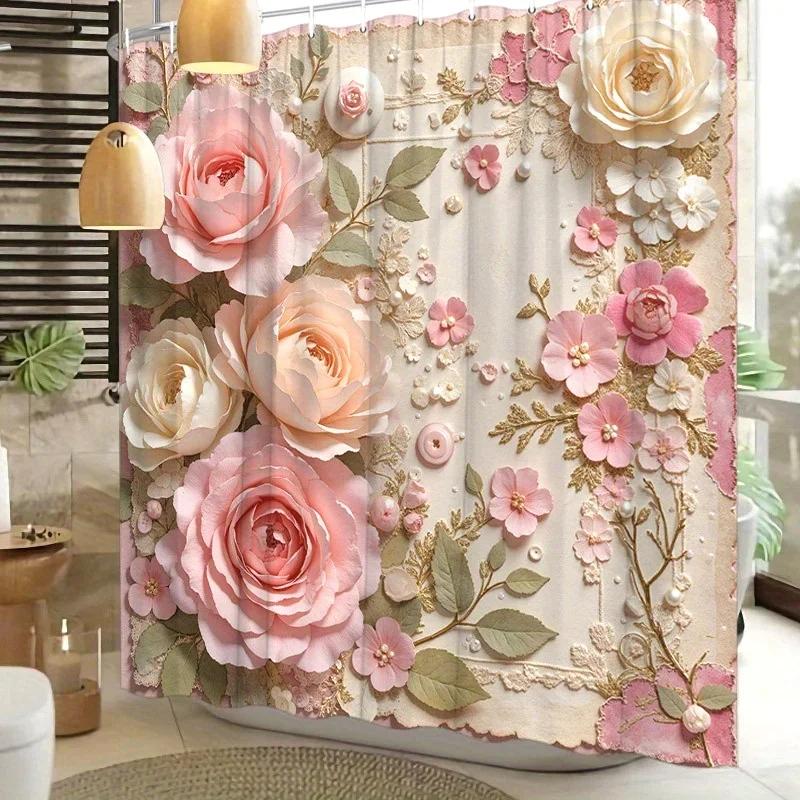 

~O~1pc Vintage Floral Shower Curtain, Polyester Woven Fabric with Pink and Beige Roses Lace Design, Romantic Bathroom Decor, Was W90xH180cm