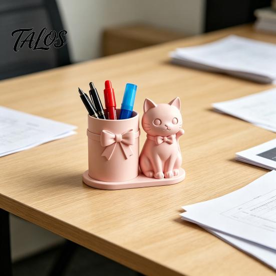 Cat Pen Holder, Cute Kitty Desk Organizer with Pens, Pencils, Makeup Brushes, 3D Printed Cat Sculpture for Home Office Desk Decor
