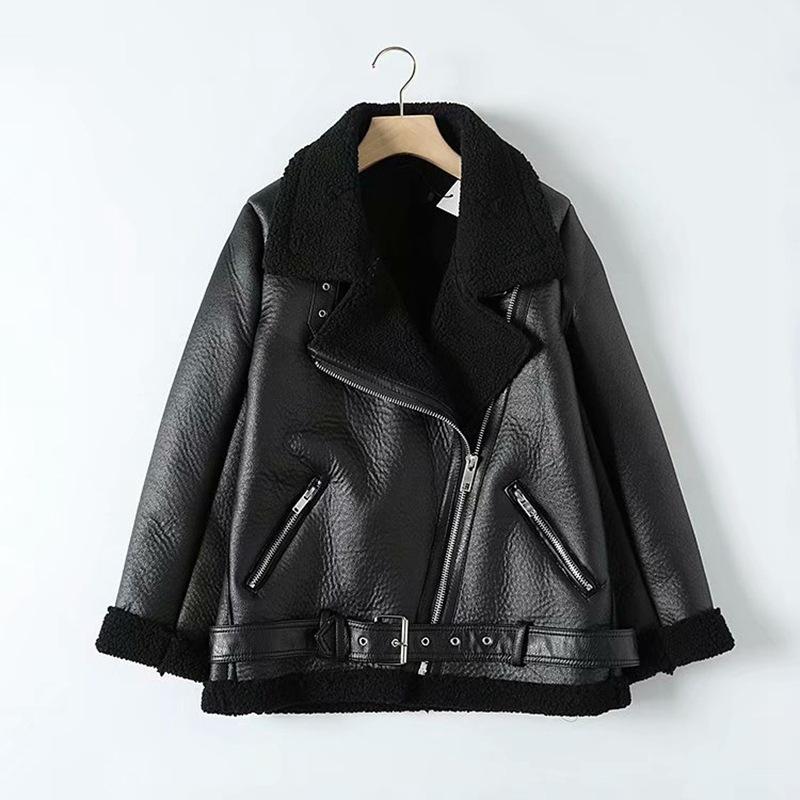 Women's Mid-length Lambswool Leather Motorcycle Jacket - European & American Winter Style