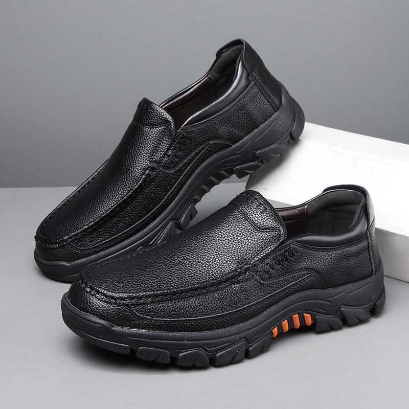 Men's British Style Slip-On Leather Shoes - Round Toe, Wear-Resistant, Casual for Middle-Aged & Elderly