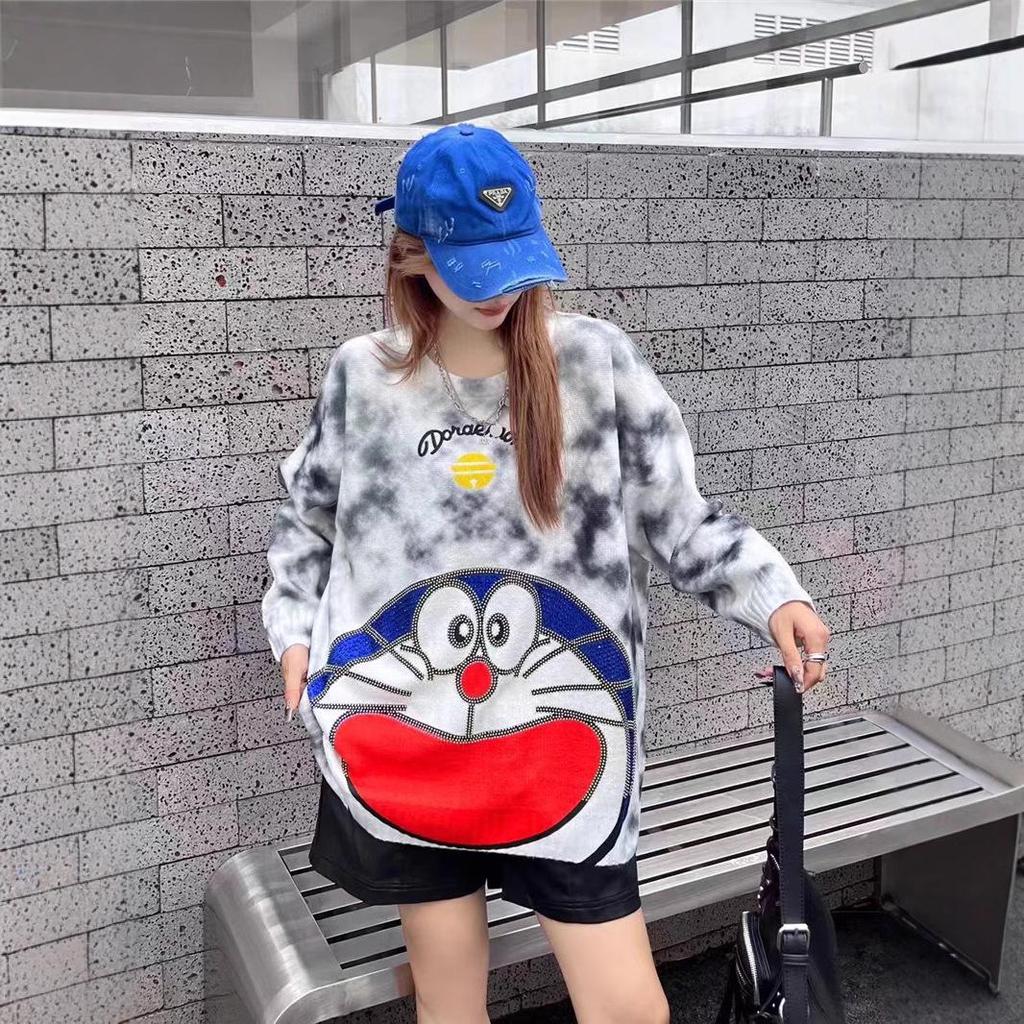 Trendy 2024 Autumn/Winter Women's Doraemon Rhinestone Tie-Dye Knit Sweater