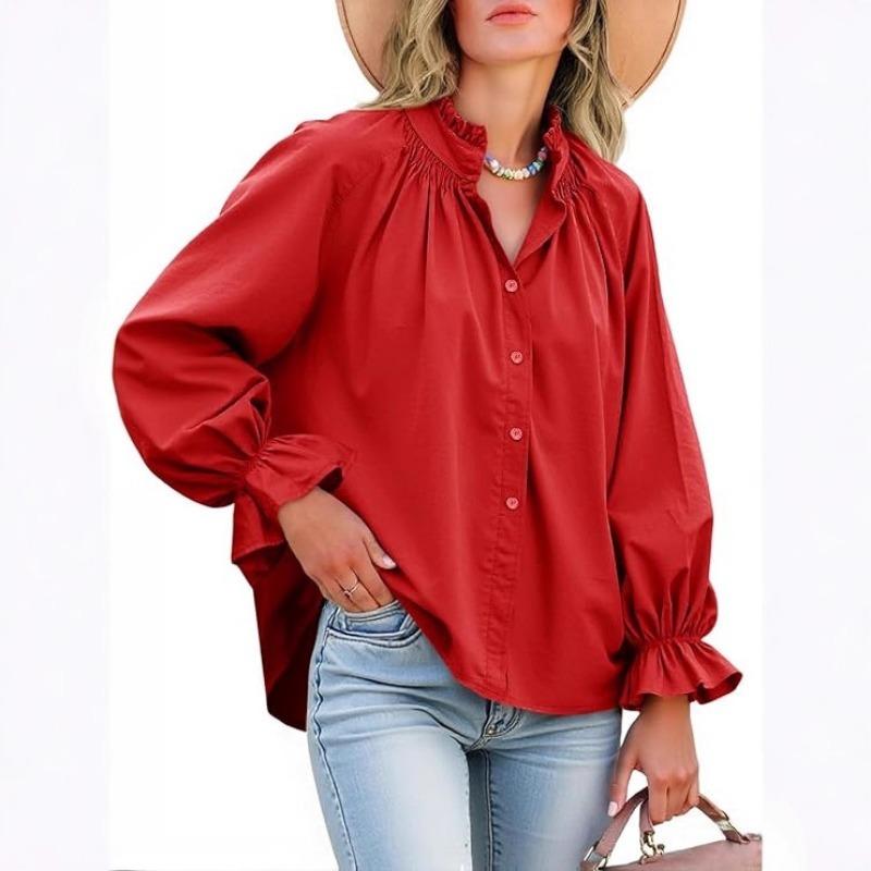Spring and Autumn New Women's Elegant and Sweet Loose Casual Lantern Sleeve V-neck Ruffle Shirt