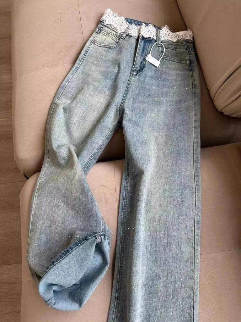 Women's High Waist Rhinestone Jeans - Wide Leg, Loose Fit, Floor Length, Summer Style