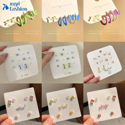 Colorful Flower Butterfly Earring Set Heart Bow Artificial Pearls Resin Stud Earrings for Women Jewelry Accessories