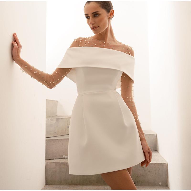 Women Simple Patchwork Off The Shoulder Party Dress Spring Summer Short Sleeve Mini Dress Slash Neck Solid Color Ladies Dress