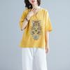 Vintage Embroidered Loose Fit V-neck Short Sleeve Cotton Linen T-Shirt Women Top