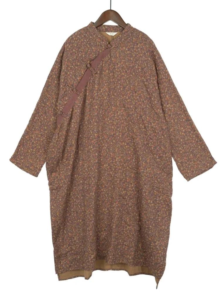 Johnature Women Vintage Print Floral Dresses Stand Long Sleeve Cotton Spring Chinese Style Robes Button Women Dress