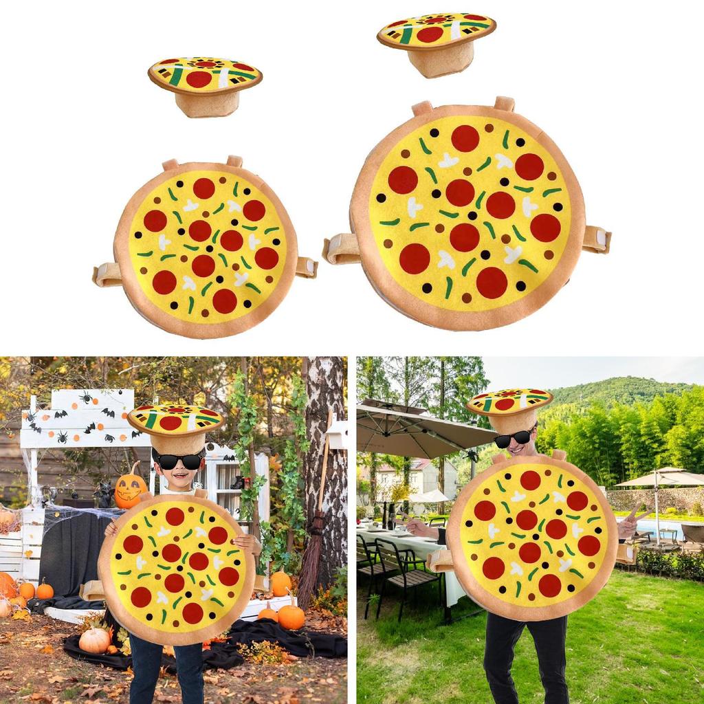 Halloweenkostyme med hatt og pizza, morsomt tegneserieantrekk for høytidsrollespill
