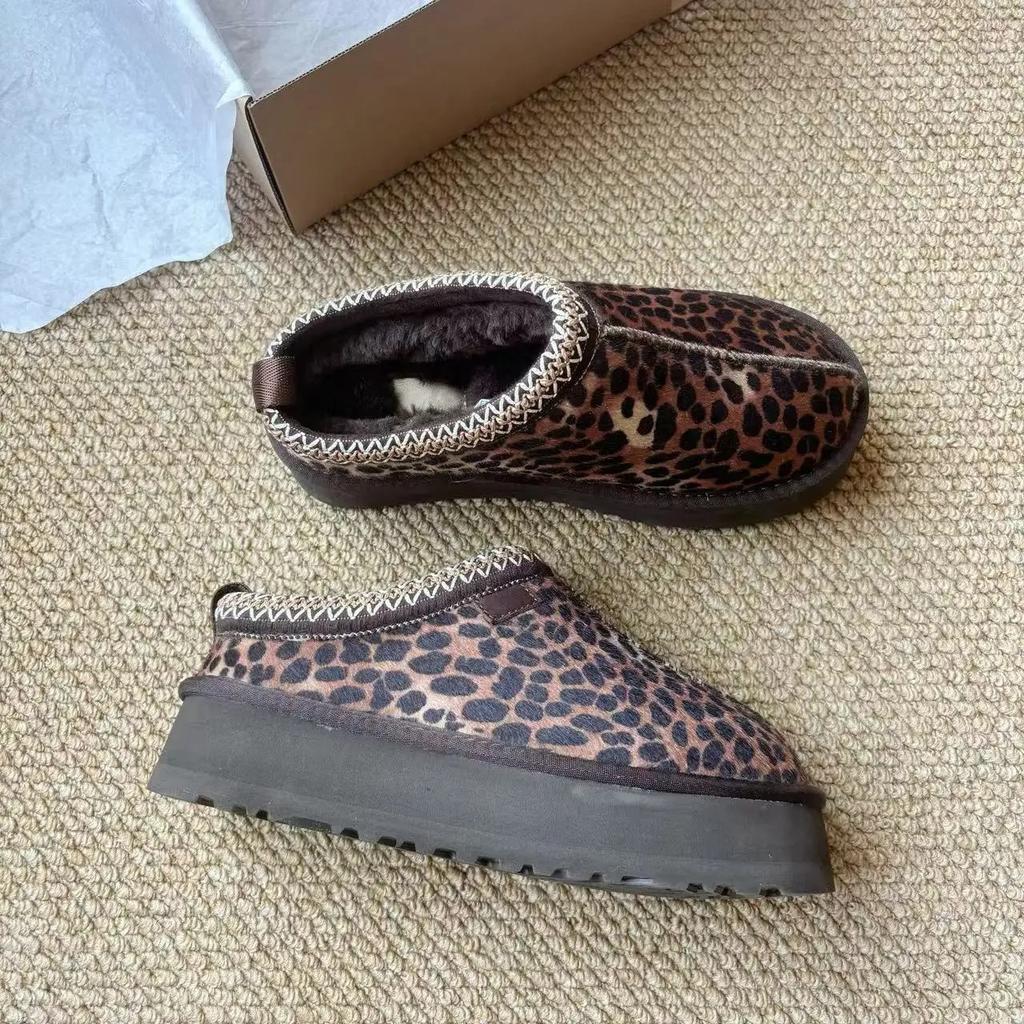 Luxury Designer Women Leather Suede Wool Comfort Style Leopard Platform Mules Embroidery Edge Winter Shoes Warm Fashion for Lady