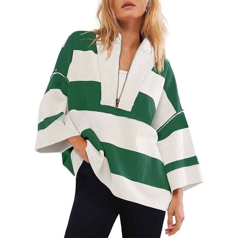 Women's Oversized Striped Shirt Half Zip Sweatshirt Patchwork V Neck Top Casual Loose Pullover