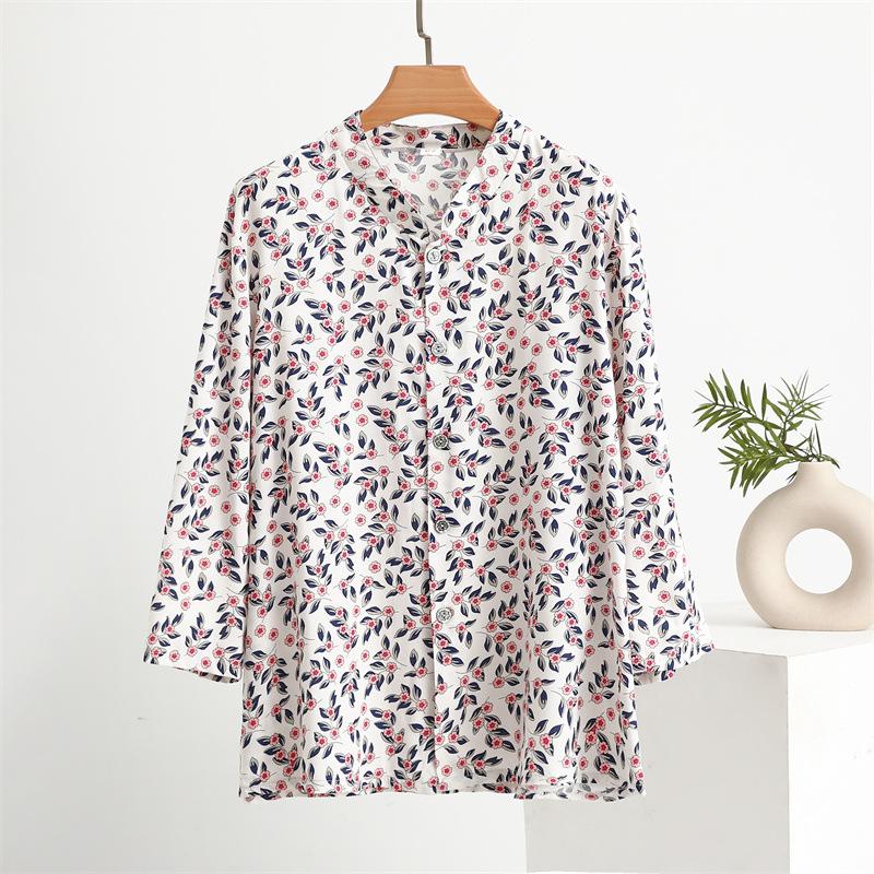 Cotton Silk Printed Standing Collar Cardigan Long Sleeve Women's Shirt Summer Thin Comfortable Breathable Rayon Top