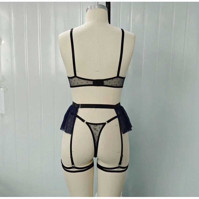 Lace Sheer Polka Dot Bra Set Women 3/4 Cup Unlined Sexy Lingerie In Deep Blue S To XL