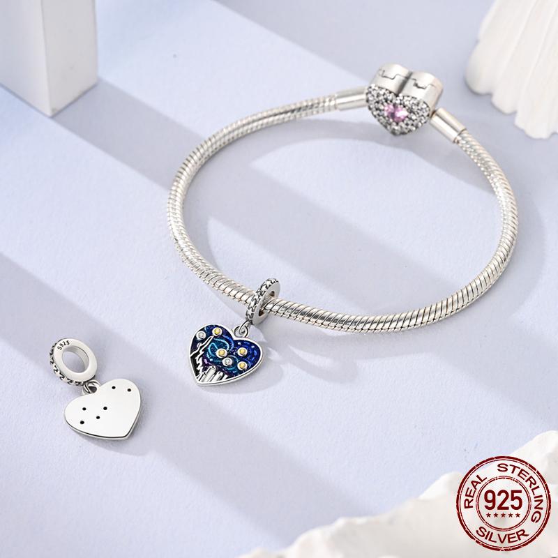 Real Copper Starry Sky Charms Heart Beads Fit Bracelet Pendants Dangle Diy Jewelry Making Charm Women Gift