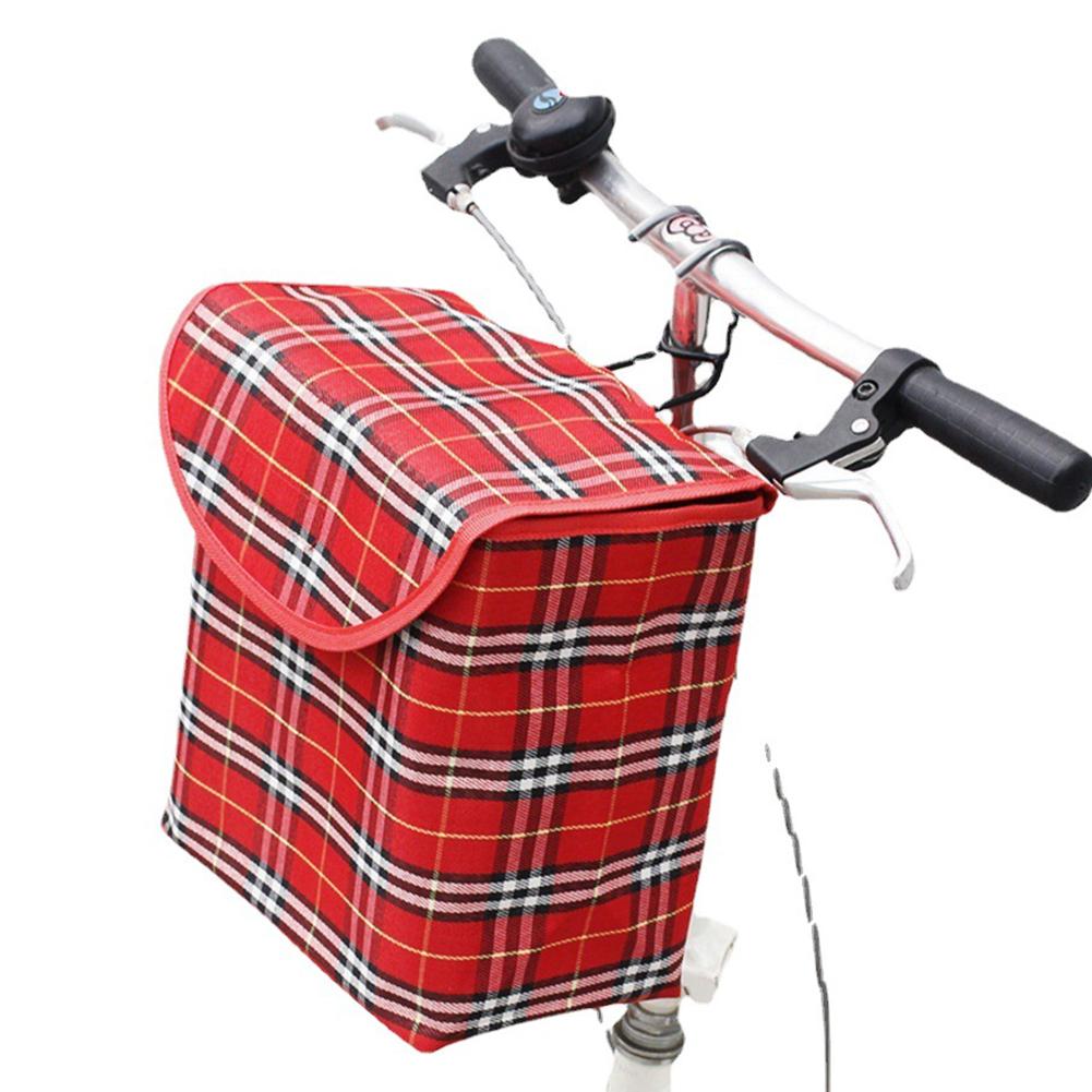 Plaid Bicycle Basket Waterproof Thickened Folding Canvas Front Basket With Cover 28cmx26cmx16cm