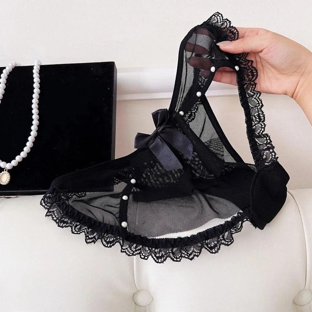 Low Waist Sheer Bow Lace Thong Bowknot Mesh Lace T Panties Lace Underwear  Home