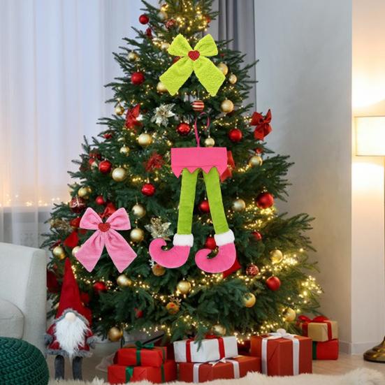 Yousheng Christmas Bow Hanging Ornament Plush Elf Legs with Red Green Bows for Tree Decor Festive Fun Home Decoration