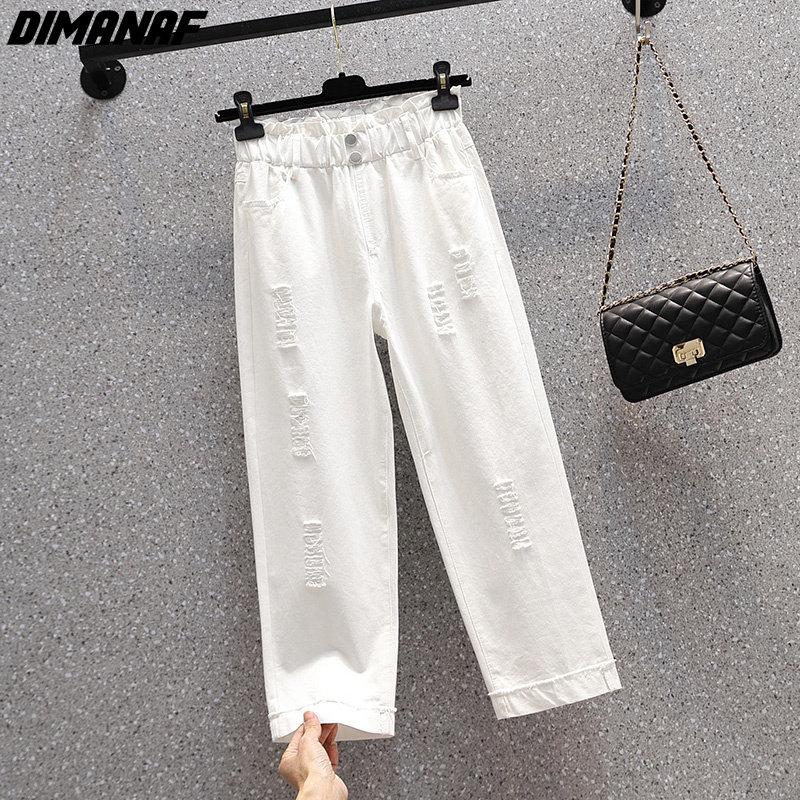 DIMANAF 2023 Plus Size Summer Jeans Capris Pants Women Elastic Pants Loose Casual Female Harem Trousers Pants White 5XL
