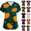 Haut pour femme à col en V et manches courtes avec poches Impression florale d'Halloween Chemise d'uniforme pour infirmière Soins de santé