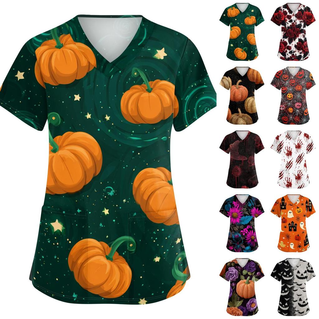 Haut pour femme à col en V et manches courtes avec poches Impression florale d'Halloween Chemise d'uniforme pour infirmière Soins de santé