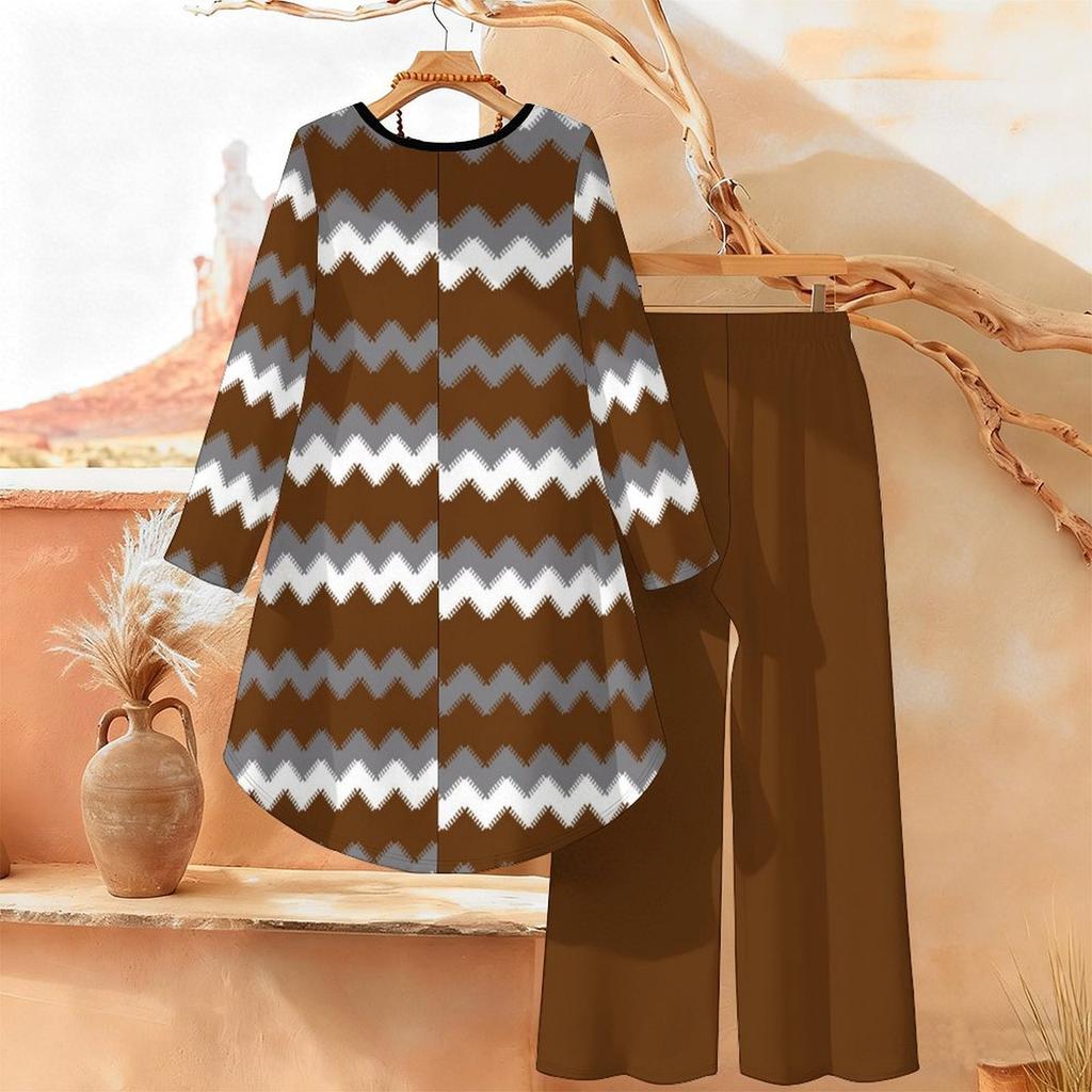 Geometric Pattern Print Two Piece Outfit Women Long Sleeve Irregular Hem Tunic Top Wide Leg Pants Casual Matching Set