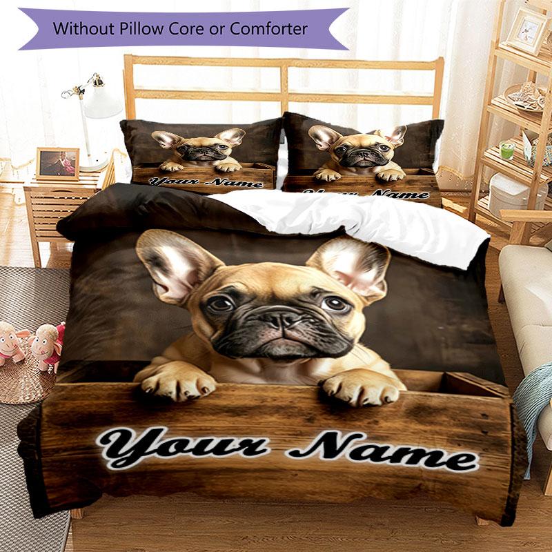 3PC Custom Name French Bulldog Wooden Box Bedding Set Duvet Cover Closure Includes 1 Duvet Cover & 2 Pillowcases for Bedroom