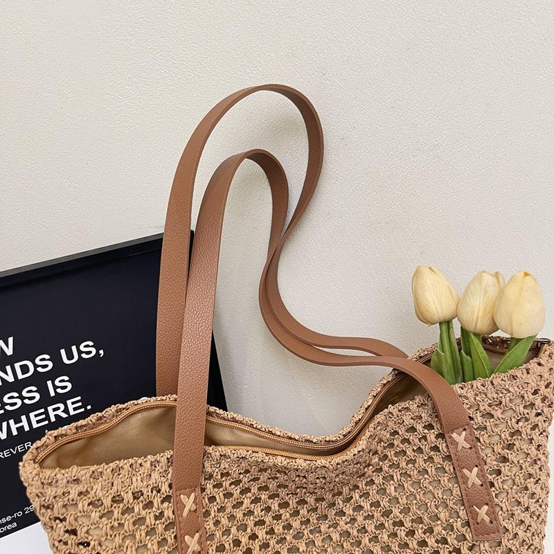 Woven Tote Bag for Women Summer Beach Handbag with Faux Leather Strap Fashion Casual Carryall