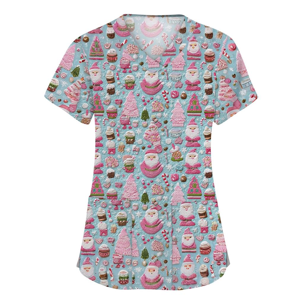 Dámské módní pracovní oděvy s krátkým rukávem a výstřihem do V s kapsami Vánoční topy s potiskem